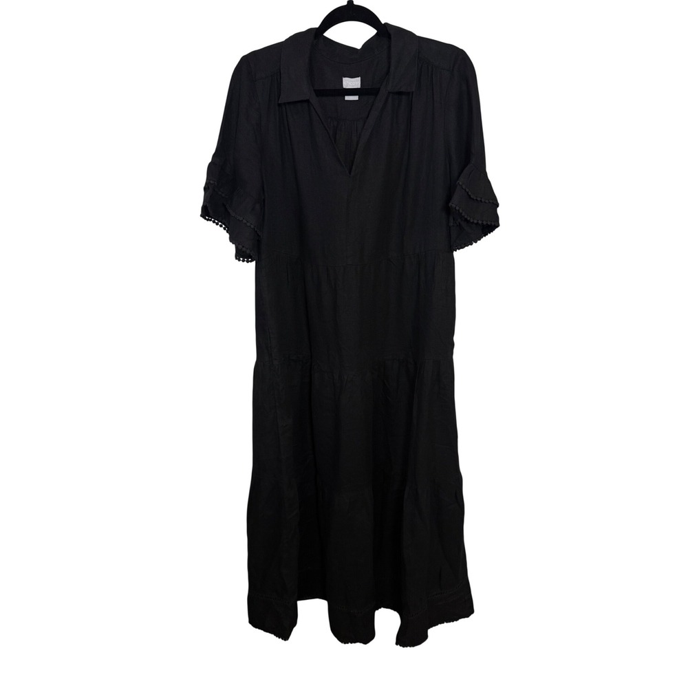 Chicos Black 100% Linen Tiered Maxi Dress Sz 1 US 8/10 Crochet Trim Short Sleeve - Picture 1 of 7